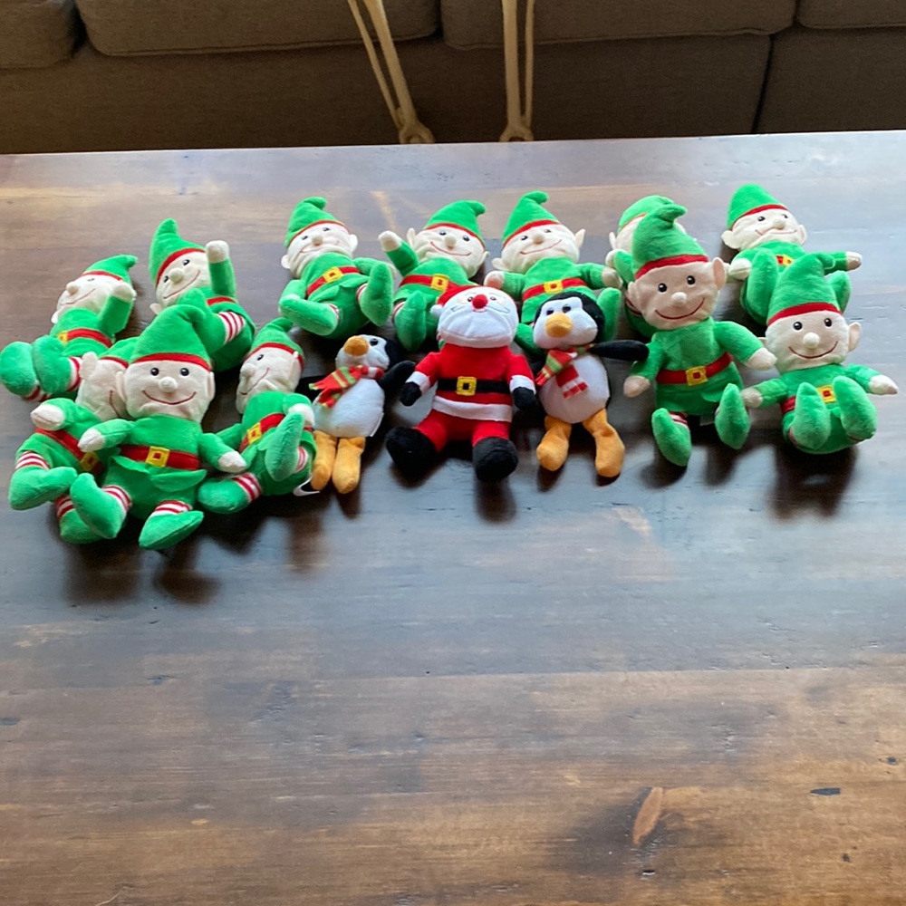 Plush elves, Santa and penguins